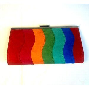 Rainbow Wave-Striped Shoulder Clutch Purse Handbag Multi Color Suede